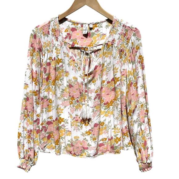 JOIE Women’s Boho Peasant Pink Floral Tassel Tie crinkle metallic top - Picture 1 of 3